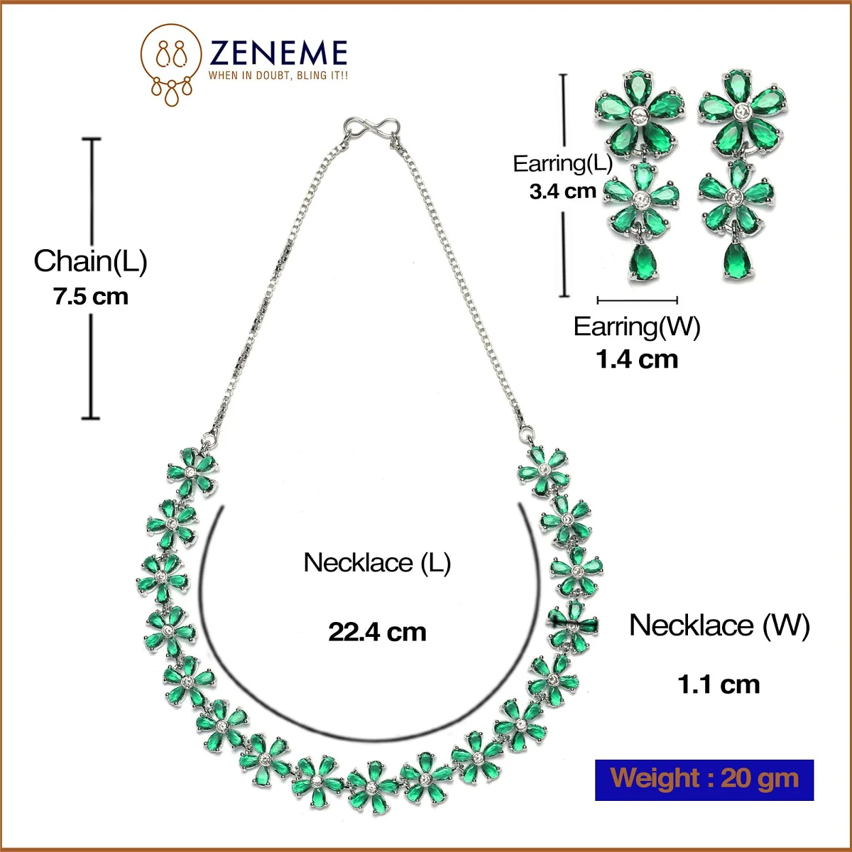 ZENEME Rhodium Plated Silver Toned White American Diamond Studded Flower Shaped Jewellery