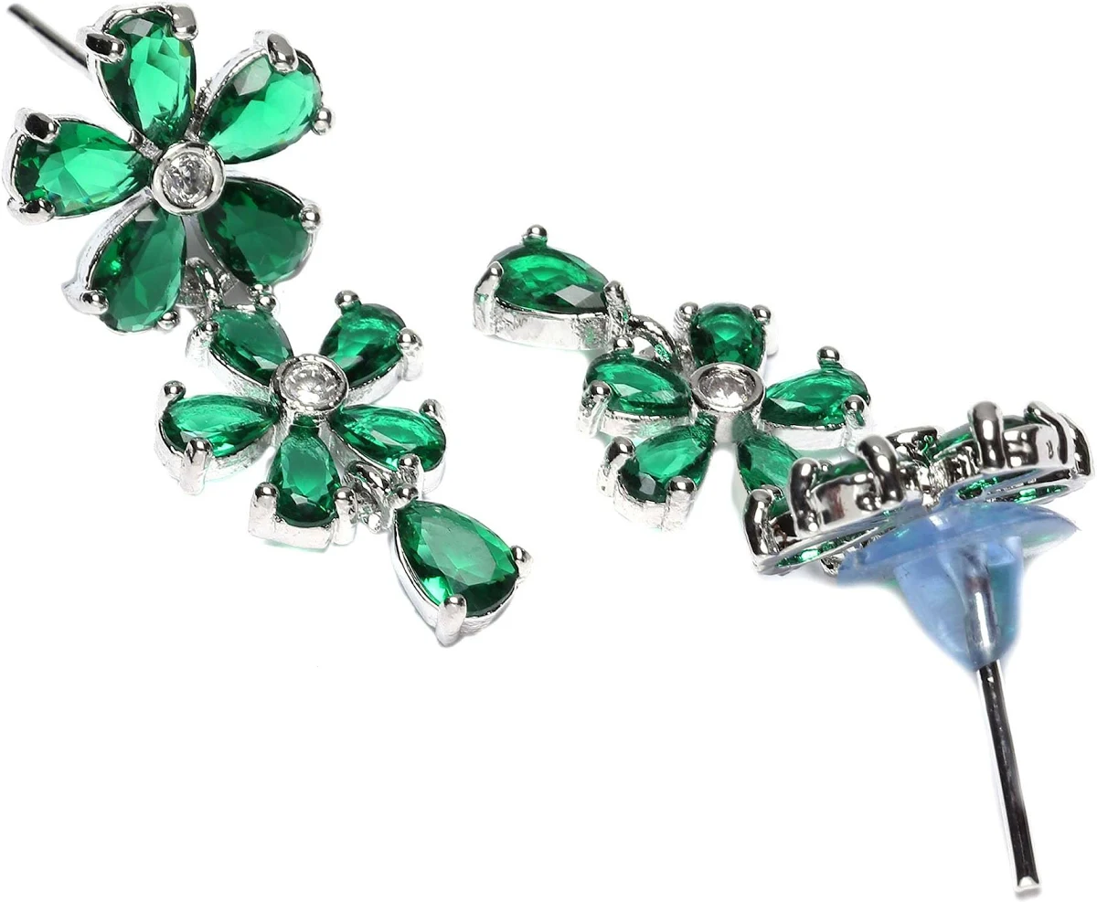 ZENEME Rhodium Plated Silver Toned White American Diamond Studded Flower Shaped Jewellery