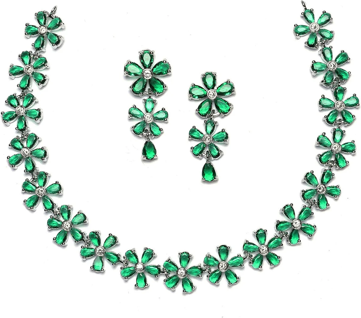 ZENEME Rhodium Plated Silver Toned White American Diamond Studded Flower Shaped Jewellery